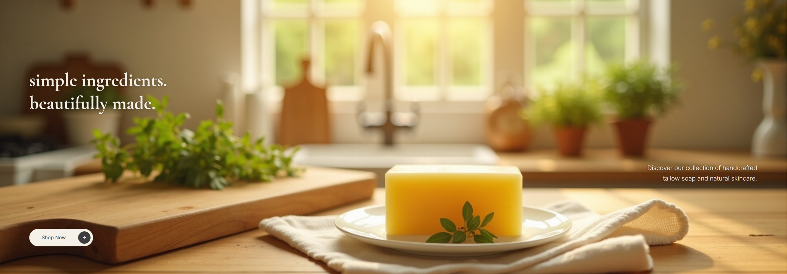 A bar of tallow soap on a dish sitting on a linen napkin