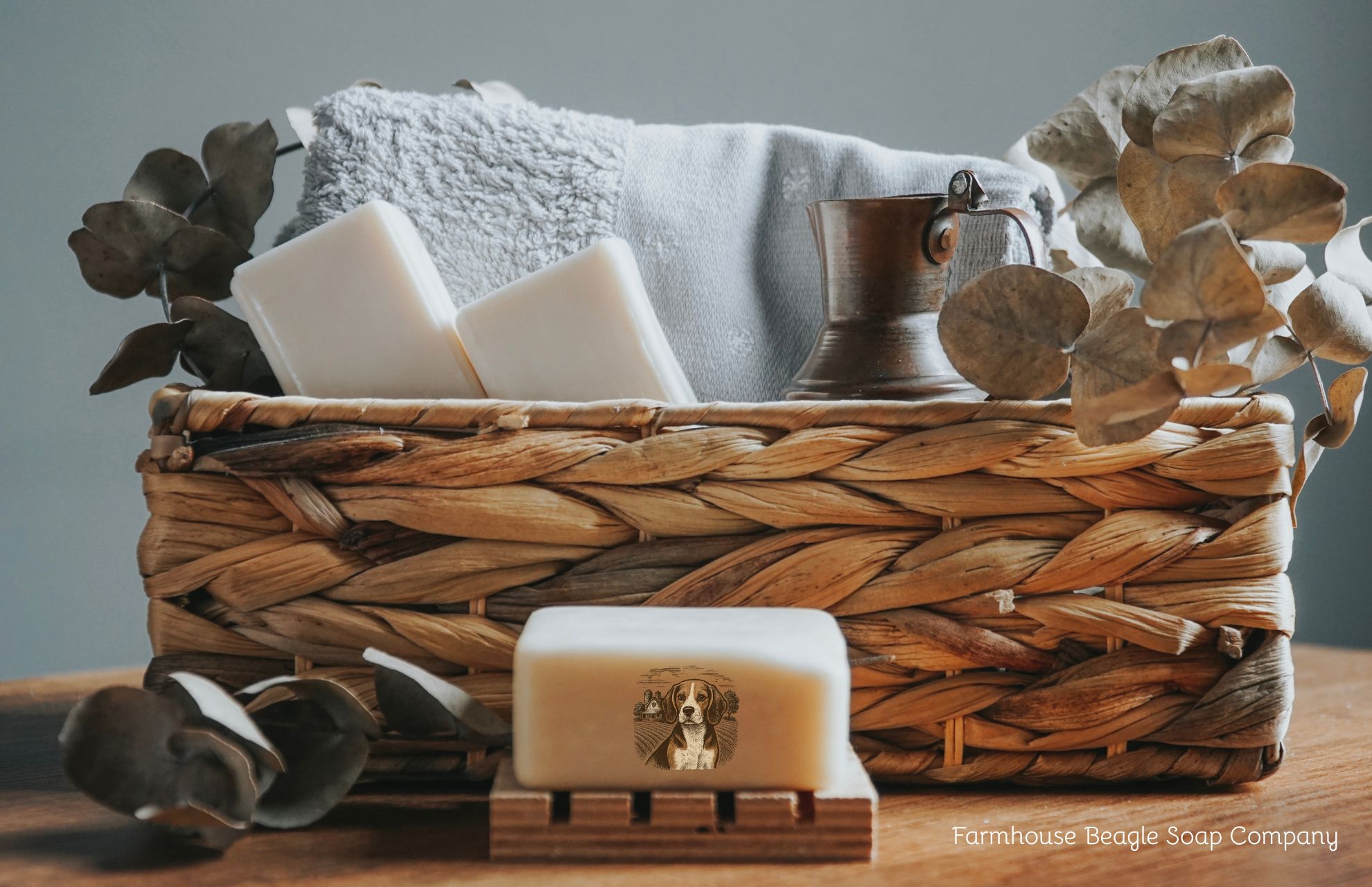 Farmhouse Beagle Tallow Soap in a basket